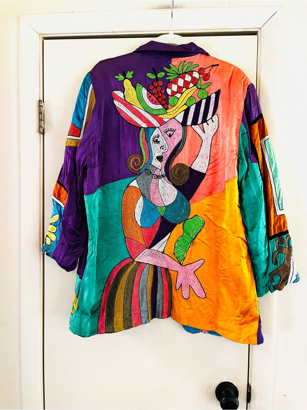 VTG Sandy Starkman Wearable Art Silk Picasso Inspired Boho Maximalism Jacket M - Picture 2 of 12